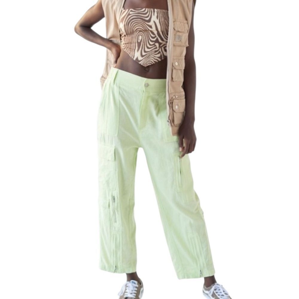Urban Outfitters Myla Linen Blend Green Linen Cargo Pants Women’s Size Medium - Picture 2 of 13